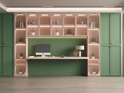 Green Decorative Cabinet With Arched Design Potted Plants Books Computer And Table Lamp 3d model
