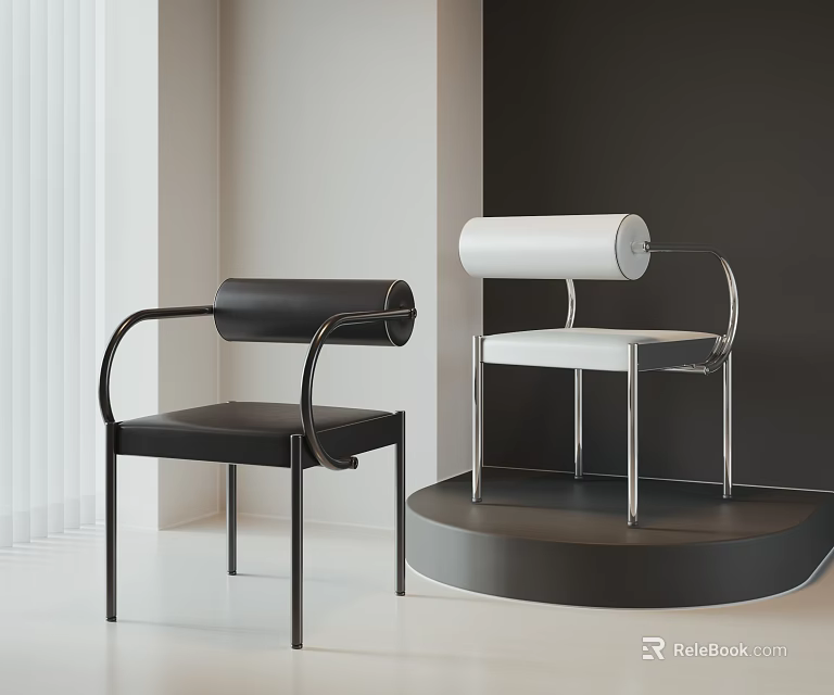 Modern Single Chair Featuring Black and White Cylindrical Backrest Metal Frame in Minimalist Setting 3d model 