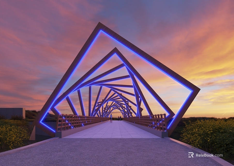 Modern Geometric Bridge With Blue Illumination And Sunset Pink Orange Sky 3d model 
