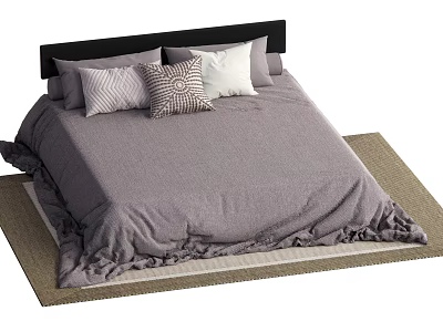 Modern Double Bed with Black Headboard Gray Bedspread and Decorative Pillows on Woven Rug 3d model