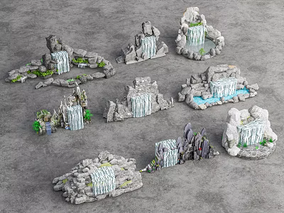 Decorative Garden Ornaments With Various Rock Formations Waterfalls And Mossy Details 3d model