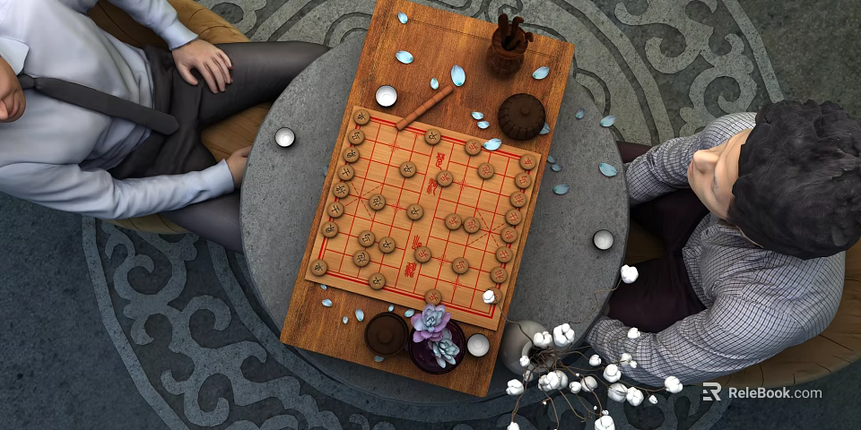 Traditional Board Game Entertainment People Playing Chinese Chess On Wooden Table With Pieces 3d model 