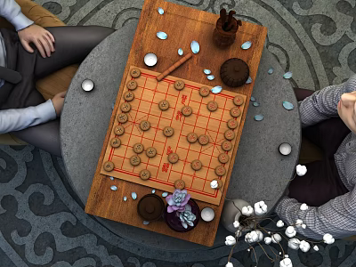 Traditional Board Game Entertainment People Playing Chinese Chess On Wooden Table With Pieces 3d model