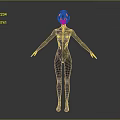 Game Character Light Blue Hair Dark Tight Suit Red Green Accents Standing Arms Outstretched Pose