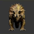 Realistic Brown Triceratops Reptile With Three Horns Frilled Neck Standing On Reflective Surface