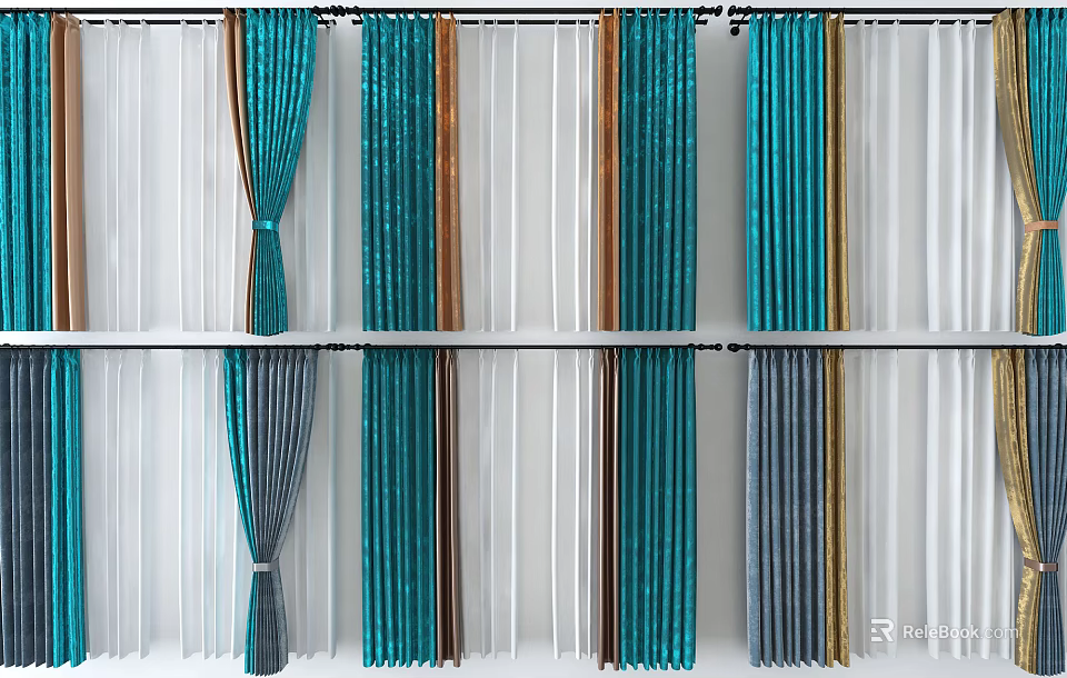 Turquoise Gray Brown Textured Curtains For Modern Home Window Decor 3d model