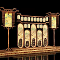 Traditional Stage Design With Decorative Chinese Screens Lanterns Wooden Frames And Landscape Paintings