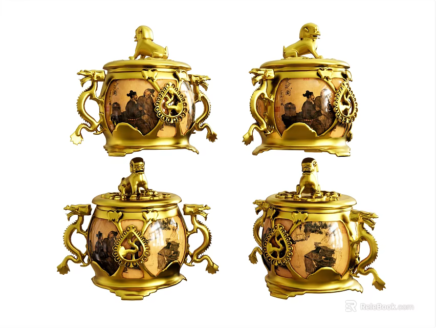 Four Piece Golden Ornament Decor Set With Intricate Carved Patterns And Figurine Topped Lids 3d model 