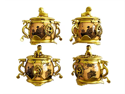 Four Piece Golden Ornament Decor Set With Intricate Carved Patterns And Figurine Topped Lids 3d model