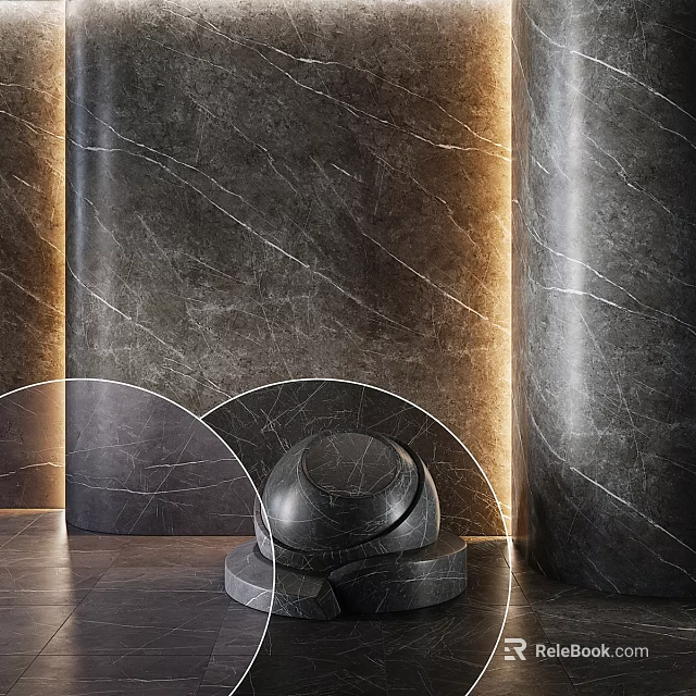 Black Marble Circular Components With Natural Vein Texture And Illuminated Light Strips 3d model 