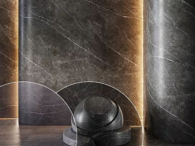 Black Marble Circular Components With Natural Vein Texture And Illuminated Light Strips 3d model