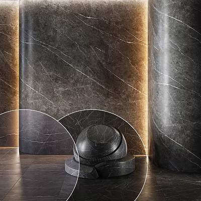 Black Marble Circular Components With Natural Vein Texture And Illuminated Light Strips 3d model