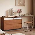 Wooden Dressing Table With Drawers Mirror Table Lamp Cosmetics Perfumes And Pink Flowers Near Curtains