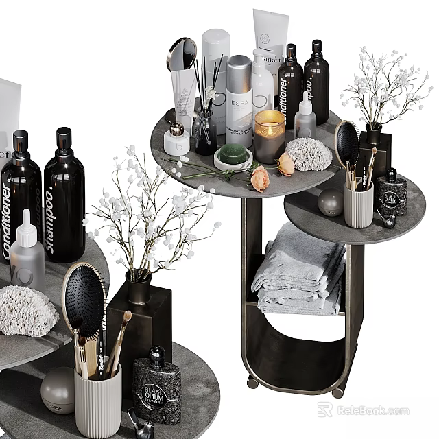 Elegant Daily Wash Supplies On Multi Tier Shelf With Towels Brushes And Dry Flowers 3d model 