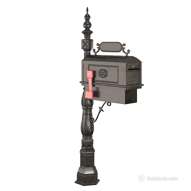 Antique Black Mailbox Attached To Decorative Iron Pole With Red Phone Receiver 3d model 