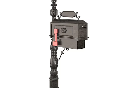 Antique Black Mailbox Attached To Decorative Iron Pole With Red Phone Receiver 3d model