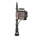 Antique Black Mailbox Attached To Decorative Iron Pole With Red Phone Receiver
