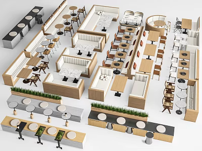 Modern Restaurant Furniture Layout With Various Tables Booths And Green Plants 3d model