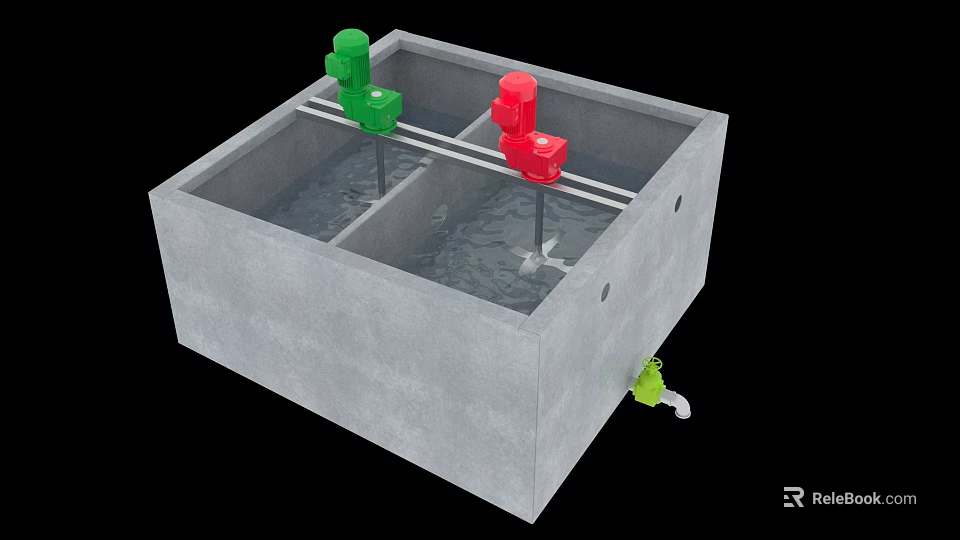 Industrial Equipment Divided Concrete Tank With Green Red Valves And Pipes 3d model 