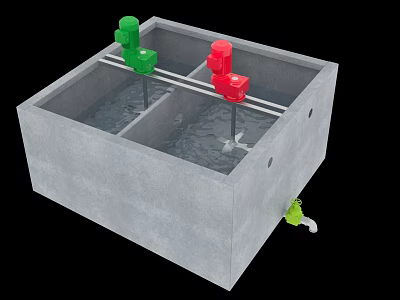 Industrial Equipment Divided Concrete Tank With Green Red Valves And Pipes 3d model