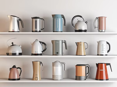 Stylish Assorted Colorful Electric Kettles For Daily Use On Display Shelf 3d model