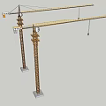 Yellow Tower Cranes With Tall Booms Standing On Green Grassland