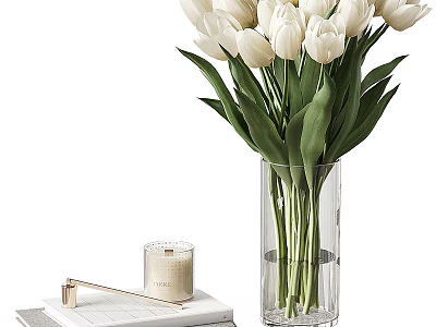 Clear Glass Vase Holding White Tulips With Decorative Candle On Book 3d model