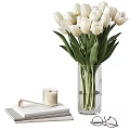 Clear Glass Vase Holding White Tulips With Decorative Candle On Book