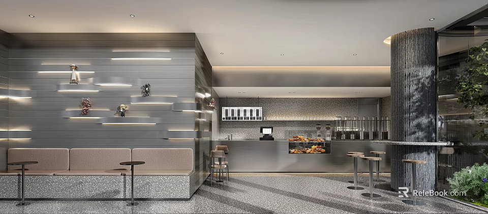 Modern Milk Tea Shop Interior Design With Seating And Counter 3d model 