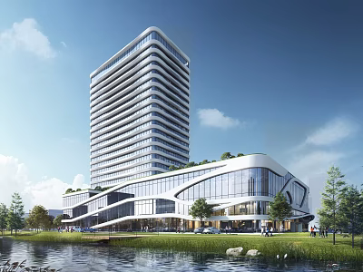 Tall Modern Office Building with Glass Curtain Wall Greenery and Waterfront View Under Blue Sky 3d model