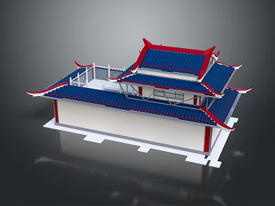 Chinese Style Residential Building With Blue Tiled Roof Red Decorations And White Walls 3d model