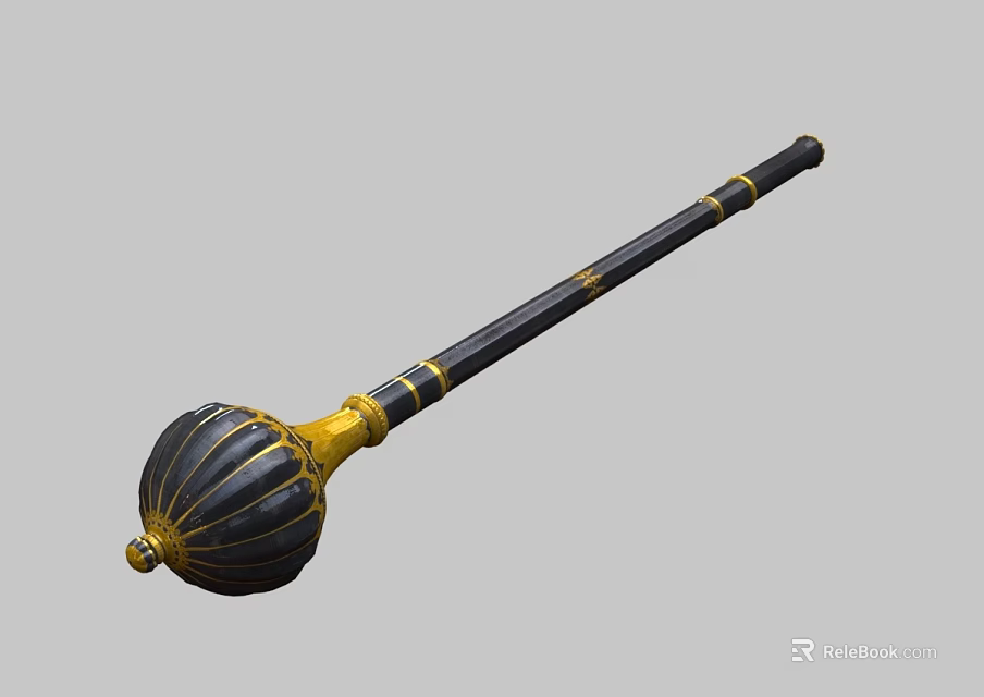 Black And Gold Ornate Weapon With Spherical Striped Head And Decorative Shaft With Gold Rings 3d model 
