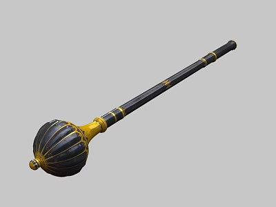 Black And Gold Ornate Weapon With Spherical Striped Head And Decorative Shaft With Gold Rings 3d model