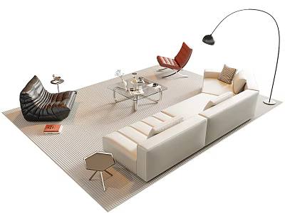 Modern White Sofa and Glass Coffee Table Set with Red Black Accent Chairs Floor Lamp 3d model