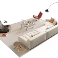 Modern White Sofa and Glass Coffee Table Set with Red Black Accent Chairs Floor Lamp