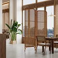 Minimalist Dining Room With Wooden Furniture Pendant Lights And Plants