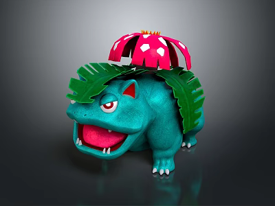 Turquoise Fantasy Game Character With Open Mouth Red Eyes Green Leaf And Pink Flower 3d model