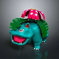 Turquoise Fantasy Game Character With Open Mouth Red Eyes Green Leaf And Pink Flower