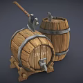 Wooden Storage Barrels With Axe Faucet And Metal Bands For Home Use