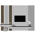 Modern TV Wall Design with White Panel Wooden Accents TV Stand and Decorative Dried Flowers