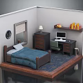 Cozy Bedroom Interior Design With Blue Bedspread Wooden Nightstand Table Lamp Computer Desk And Bookshelf
