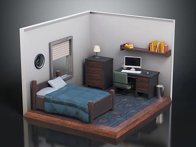 Cozy Bedroom Interior Design With Blue Bedspread Wooden Nightstand Table Lamp Computer Desk And Bookshelf 3d model