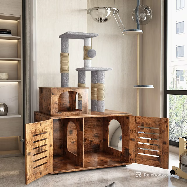 Indoor Wooden Cat Tree With Multi Level Structure And Scratching Posts 3d model 