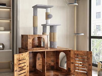 Indoor Wooden Cat Tree With Multi Level Structure And Scratching Posts 3d model