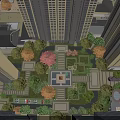 Aerial View Planning of Modern High Rise Area With Greenery Central Square and Parking
