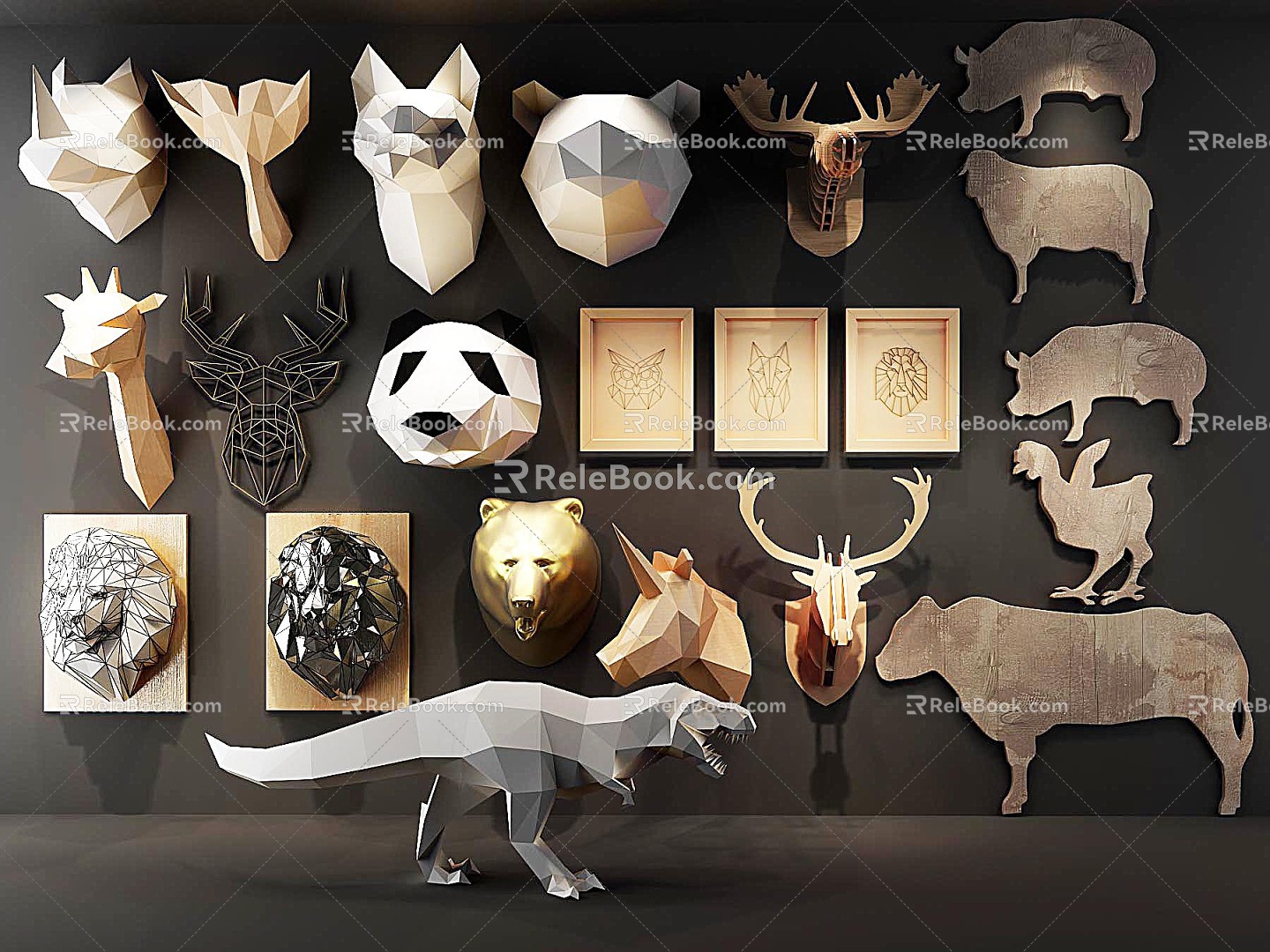 Nordic Animal Wall Decoration Cartoon Geometric Pendant Animal Head Carving Wall Decoration 3d model