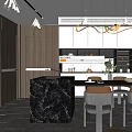 Modern Open Concept Restaurant Interior With Dining Table Chairs And Pendant Lights 3d model