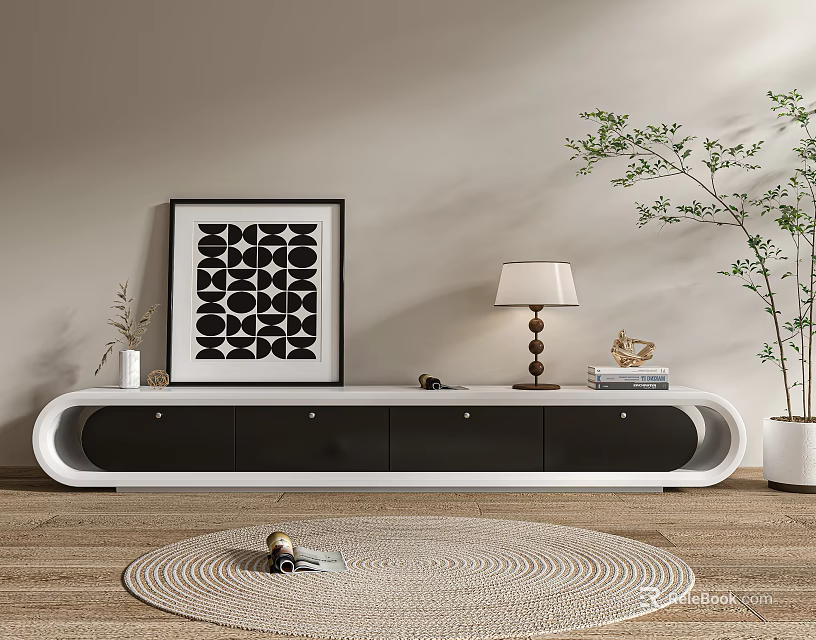 Modern Black and White TV Stand with Table Lamp Wall Art and Decorative Plants 3d model 
