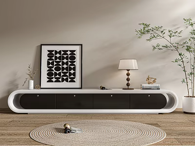 Modern Black and White TV Stand with Table Lamp Wall Art and Decorative Plants 3d model