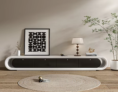 Modern Black and White TV Stand with Table Lamp Wall Art and Decorative Plants 3d model